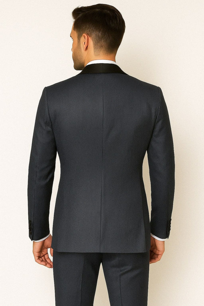 Men’s Midnight Blue Stripe Jacket with Black Satin Shawl Lapel – Shiny Formal Party Suit