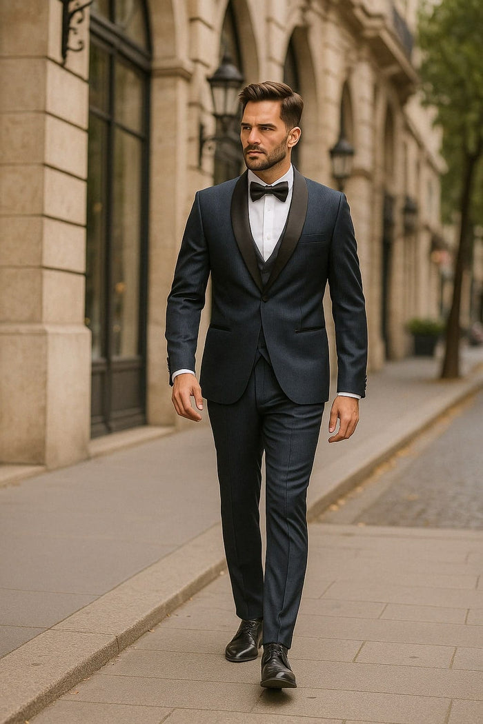 Men’s Midnight Blue Stripe Jacket with Black Satin Shawl Lapel – Shiny Formal Party Suit