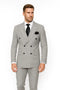 Modern fit gray and black pinstripe double-breasted suit. Structured blazer with notched lapel and two front pockets. Matching trousers complete the look.
