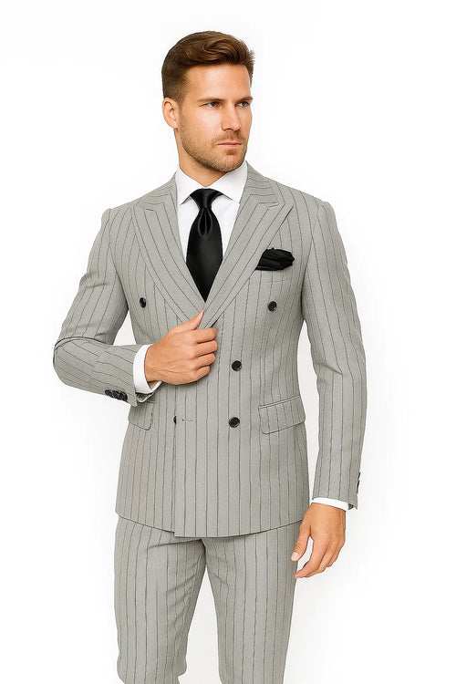 Gray and Black Pinstripe Double Breasted - Modern Fit 1920s Vintage Looking Suit