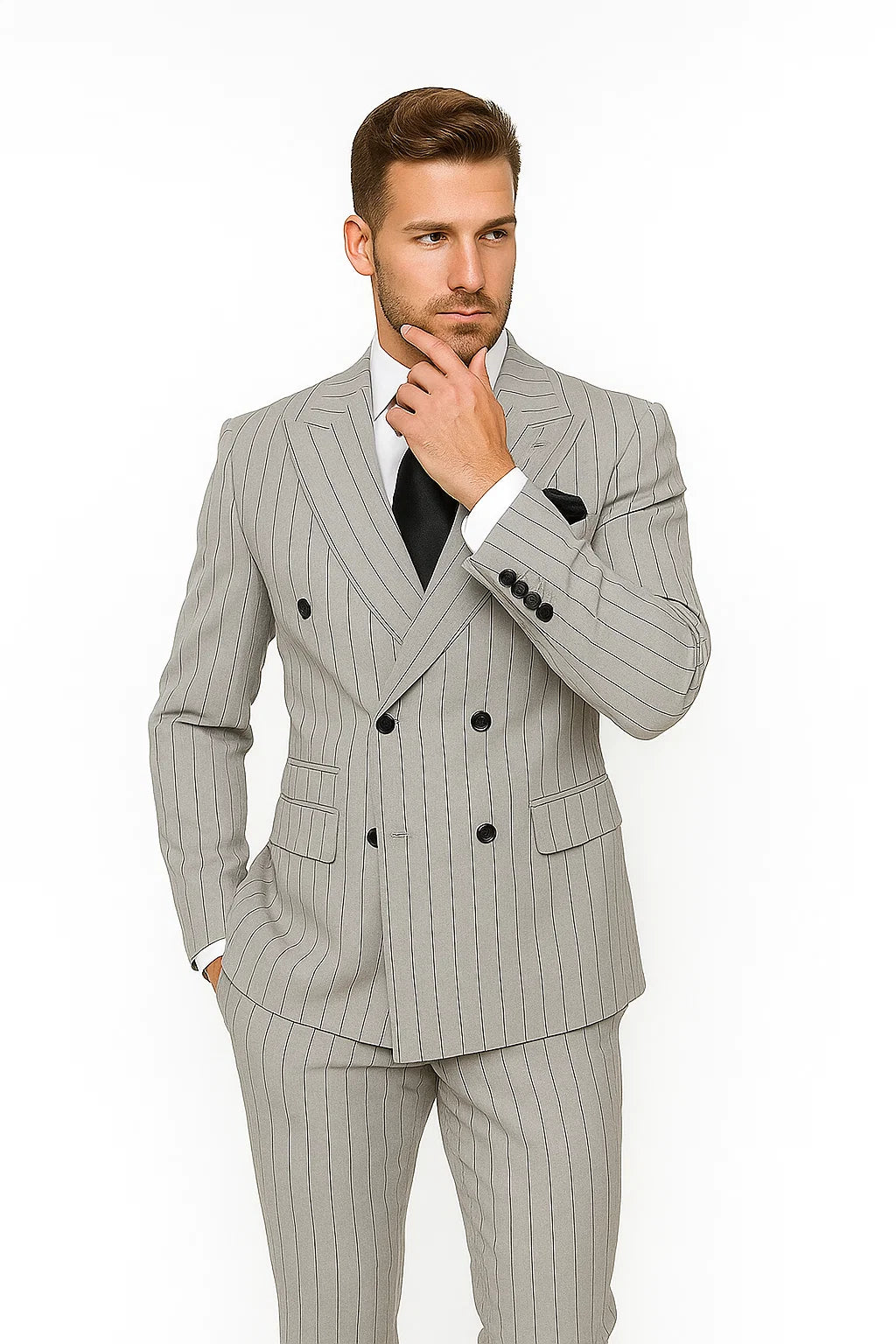 Gray and Black Pinstripe Double Breasted - Modern Fit 1920s Vintage Looking Suit