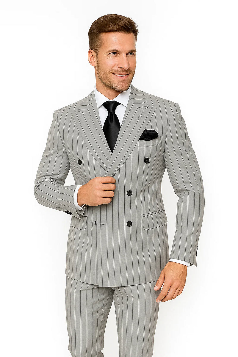 Gray/black pinstripe double-breasted suit. Modern fit, tailored silhouette, wide lapels, two front pockets. Smooth fabric.
