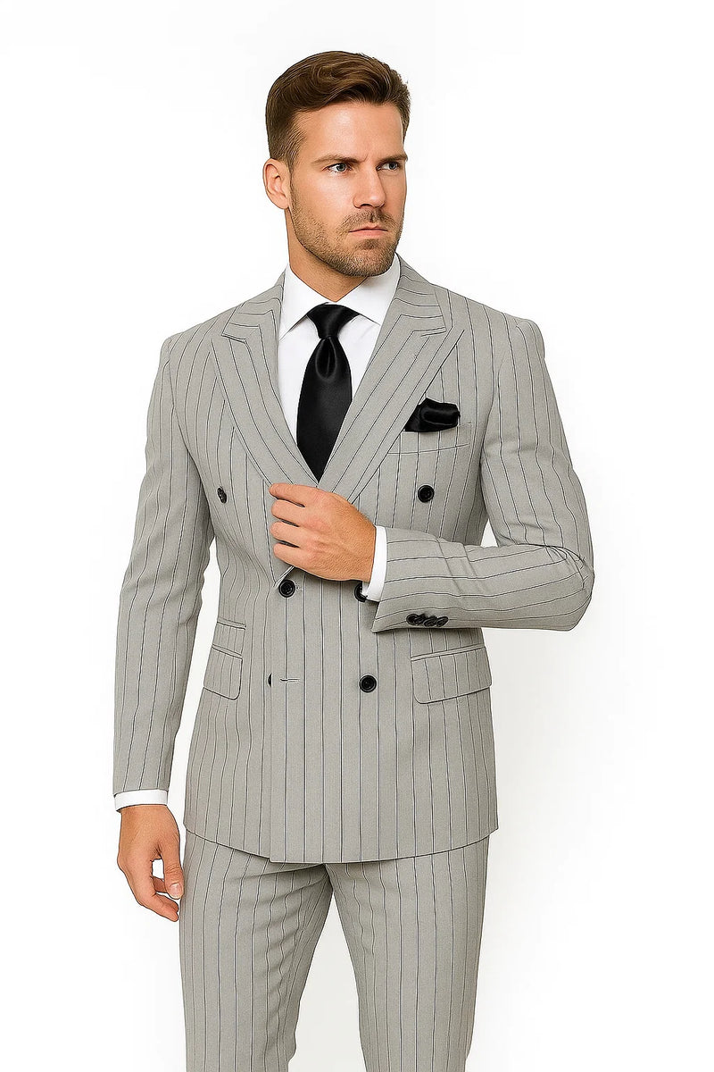 Modern-fit, gray and black pinstripe double-breasted suit. Notched lapel, two front pockets, and black buttons. Tailored fabric evokes a vintage 1920s style.