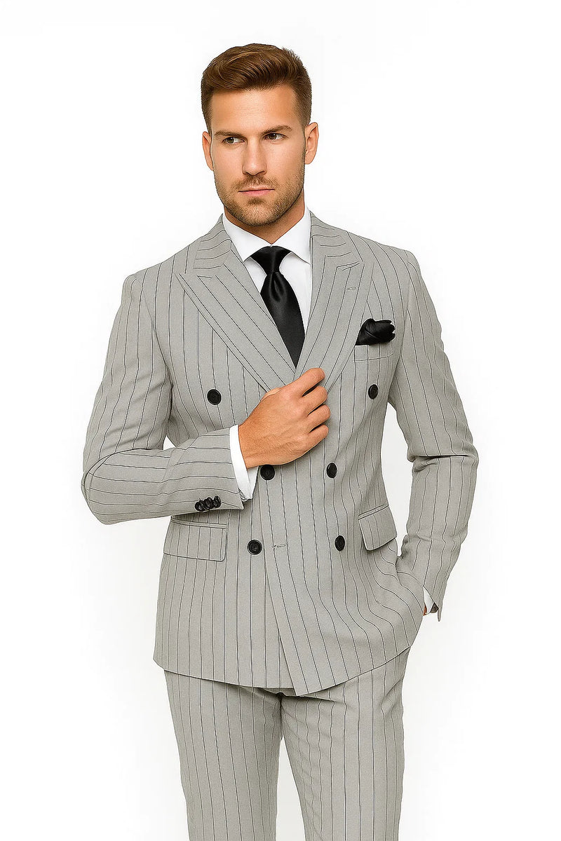 Gray/black pinstripe double-breasted suit. Modern fit, notched lapels, four buttons, flap pockets. Slim-fit pants match the jacket's color/pattern.
