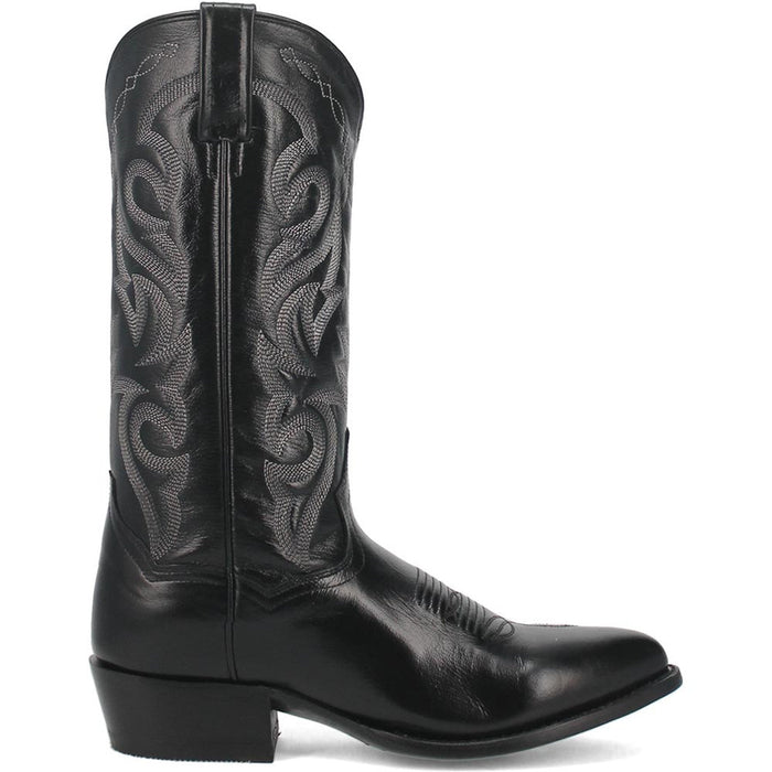 Dan Post Men's Milwaukee cowboy boot: 13" black leather, pointed toe, intricate shaft stitching. Stacked heel, smooth finish, and polished, sleek design.