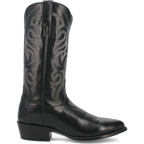 Dan Post Men's Milwaukee cowboy boot. 13-inch, black leather shaft with intricate stitching. Round toe, elevated heel, smooth texture, and classic cowboy silhouette.