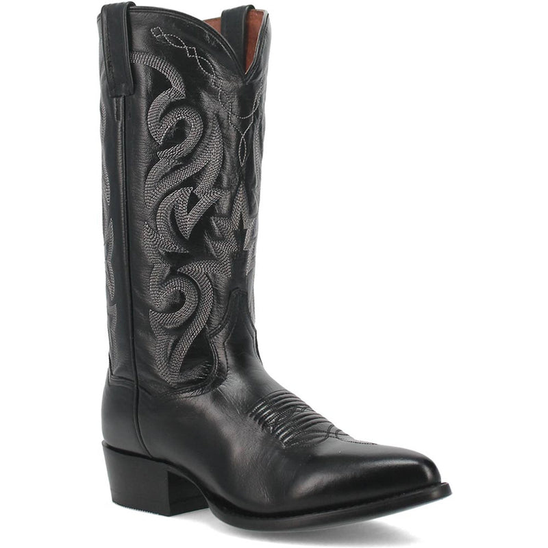Dan Post Men's Milwaukee cowboy boot. Black leather, pointed toe, low heel. Tall shaft with silver stitching. Elegant curves and designs on upper, sleek sole.
