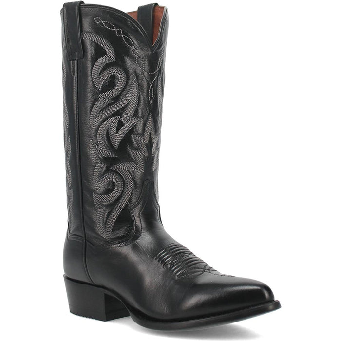 Dan Post Men's Milwaukee cowboy boot. Black leather, pointed toe, low heel. Tall shaft with silver stitching. Elegant curves and designs on upper, sleek sole.
