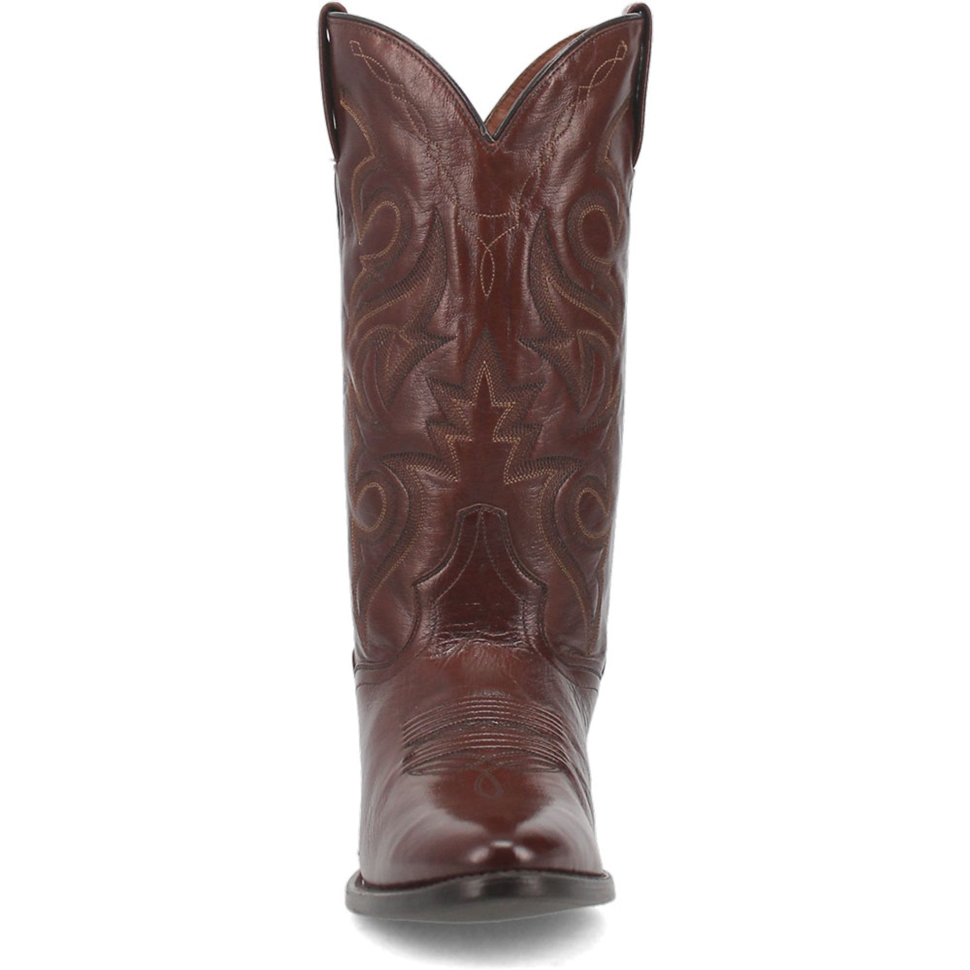 Dan Post Men's Milwaukee cowboy boots. Tan leather with a 13" shaft, round toe, and decorative stitching. Flat sole with a slight heel.