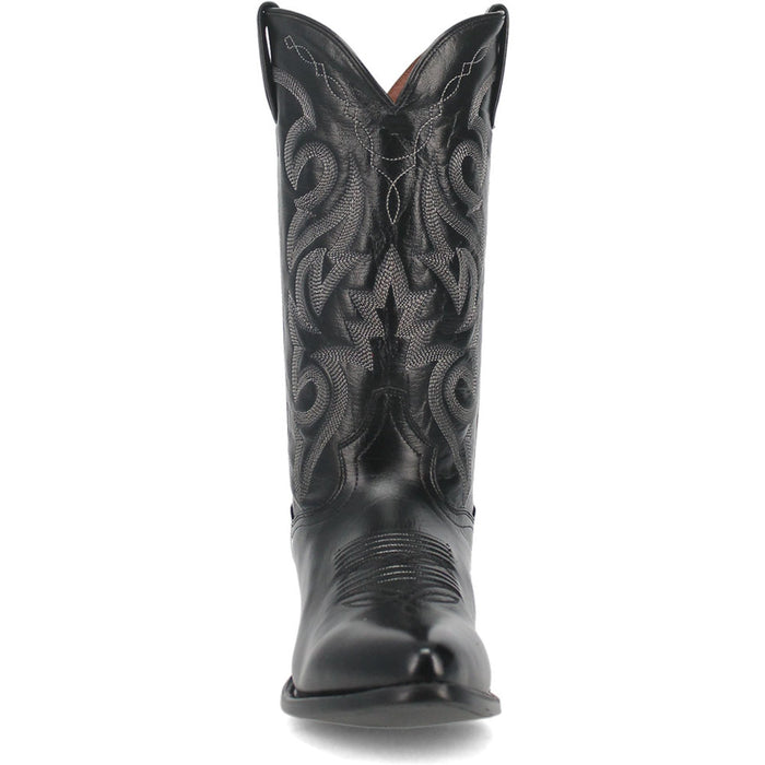Black leather Dan Post Milwaukee cowboy boots. 13" tall with a pointed toe, detailed stitching, and embossed Western patterns. Features a curved upper edge.