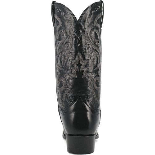 Dan Post men's Milwaukee black leather cowboy boot. 13-inch, round medium toe, embroidered shaft. Pointed yoke, stacked heel. Smooth black leather.