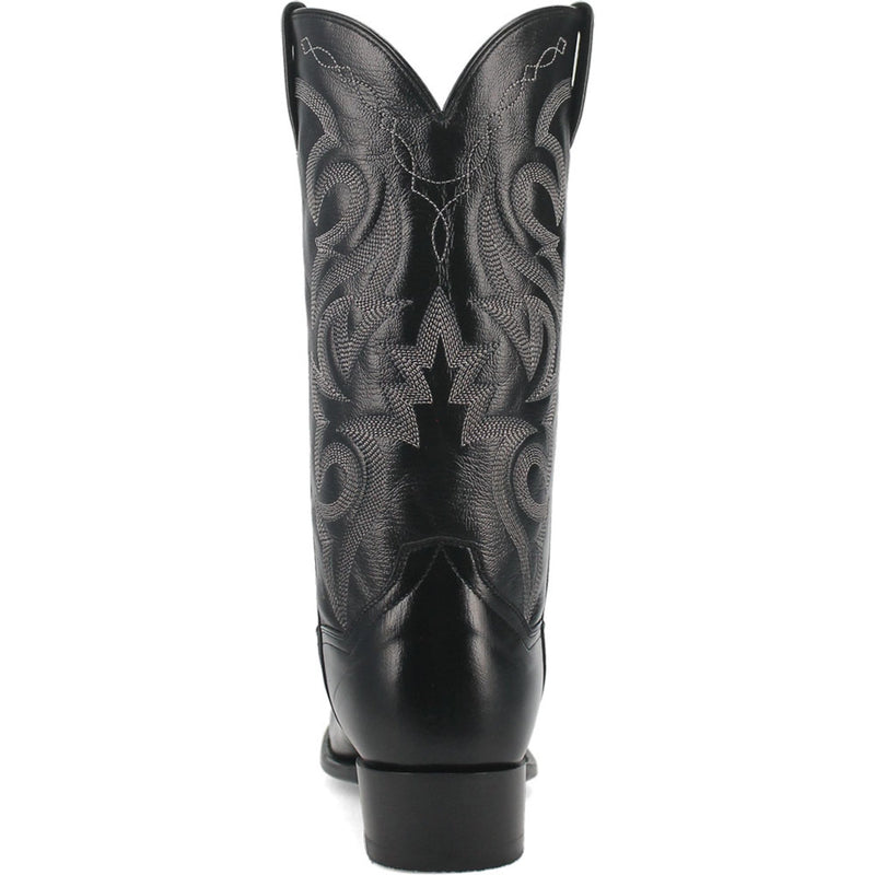Dan Post Milwaukee cowboy boots: Black leather, pointed toe, 13" tall. Intricate stitched shaft design with geometric embroidery. Low stacked heel. Sleek and stylish.
