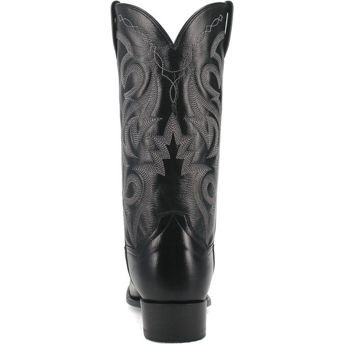 Dan Post Milwaukee cowboy boots: Black leather, pointed toe, 13" tall. Intricate stitched shaft design with geometric embroidery. Low stacked heel. Sleek and stylish.