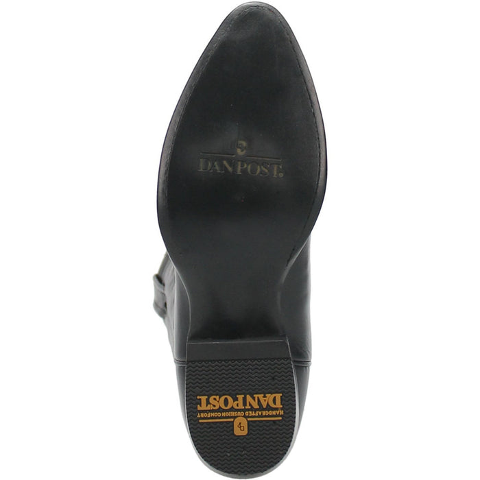 Dan Post Milwaukee men's black cowboy boots. 13" tall, pointed toe, leather upper with straight shaft. Features a structured heel and flat rubber sole with a contrasting logo.