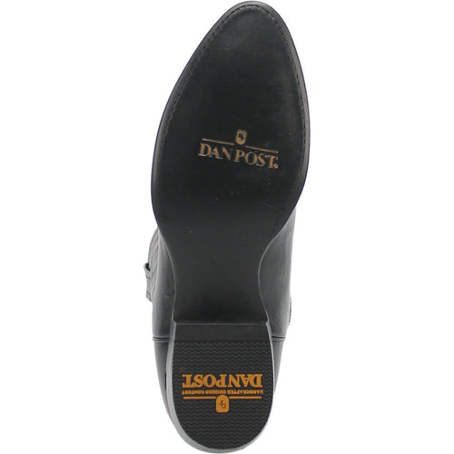 Dan Post Milwaukee men's cowboy boots. Black leather, 13" tall with a round toe. Flat sole with a slight heel. Features "DAN POST" logo. Detailed stitching, consistent leather appearance.