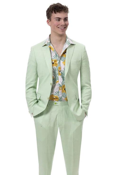 Mens Modern Fit Casual Summer Linen Suit in Mint Green