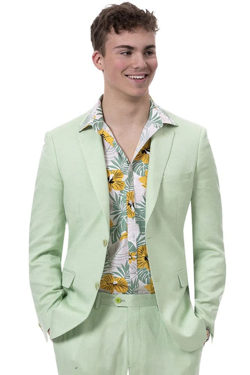 Mens Modern Fit Casual Summer Linen Suit in Mint Green