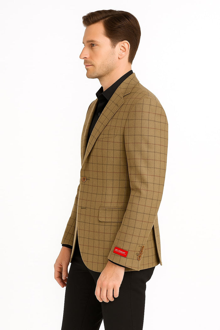 Men's Tan Plaid Blazer â€“ Windowpane Checkered Taupe Colar with Conservative burgunsih Pattern Mix Perfect For Business