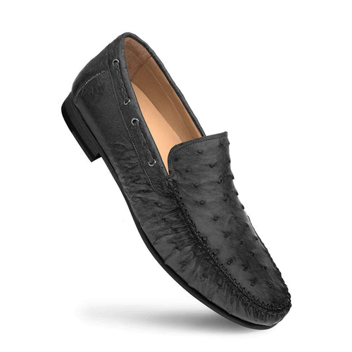 Mezlan Genuine Ostrich Moccasin Slip-On – Black Exotic Leather Loafers Made in Spain
