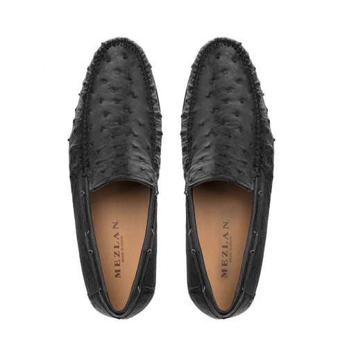 Mezlan Genuine Ostrich Moccasin Slip-On – Black Exotic Leather Loafers Made in Spain