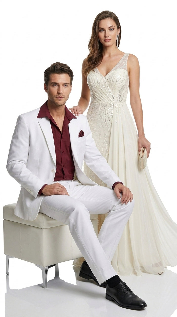 Men’s White Scarface Inspired Suit with Red Shirt, Tony Montana Style Costume Party Suit