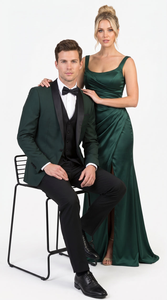 Men’s Hunter Green Tuxedo Suit with Black Pants and Vest, Wedding Prom Formal Tuxedo