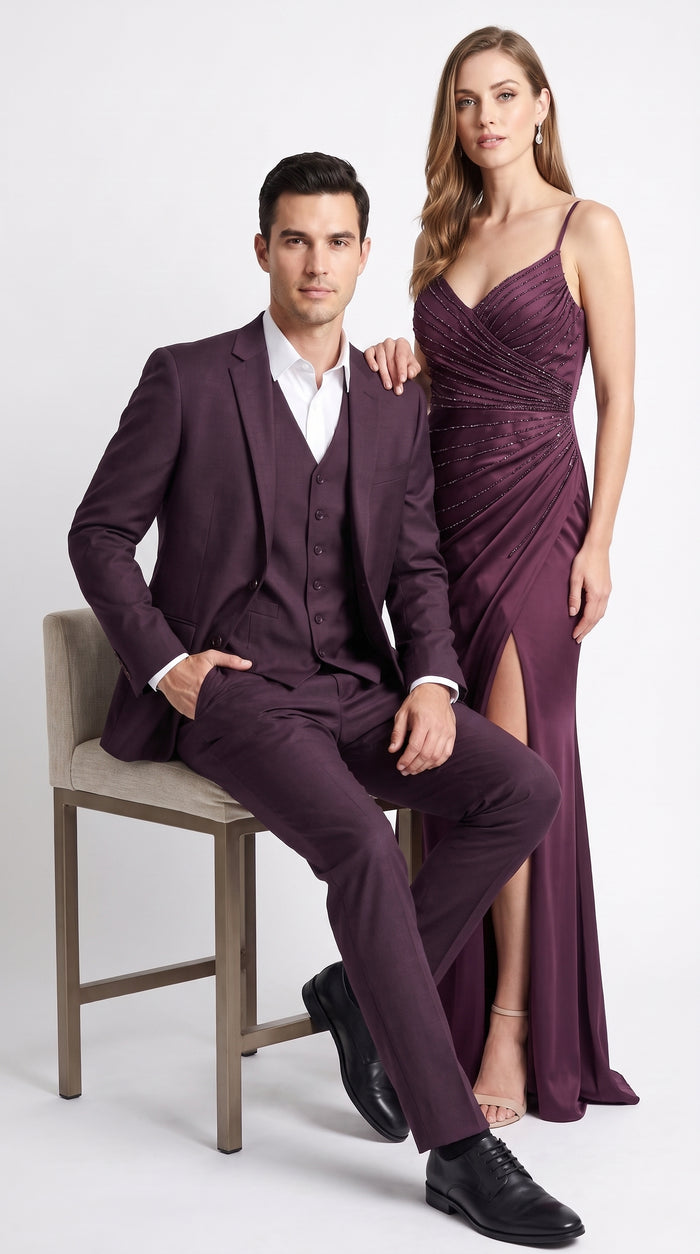 Men’s Plum Modern Fit Suit, Tailored Formal Wedding Business 3 Piece Dress Suit