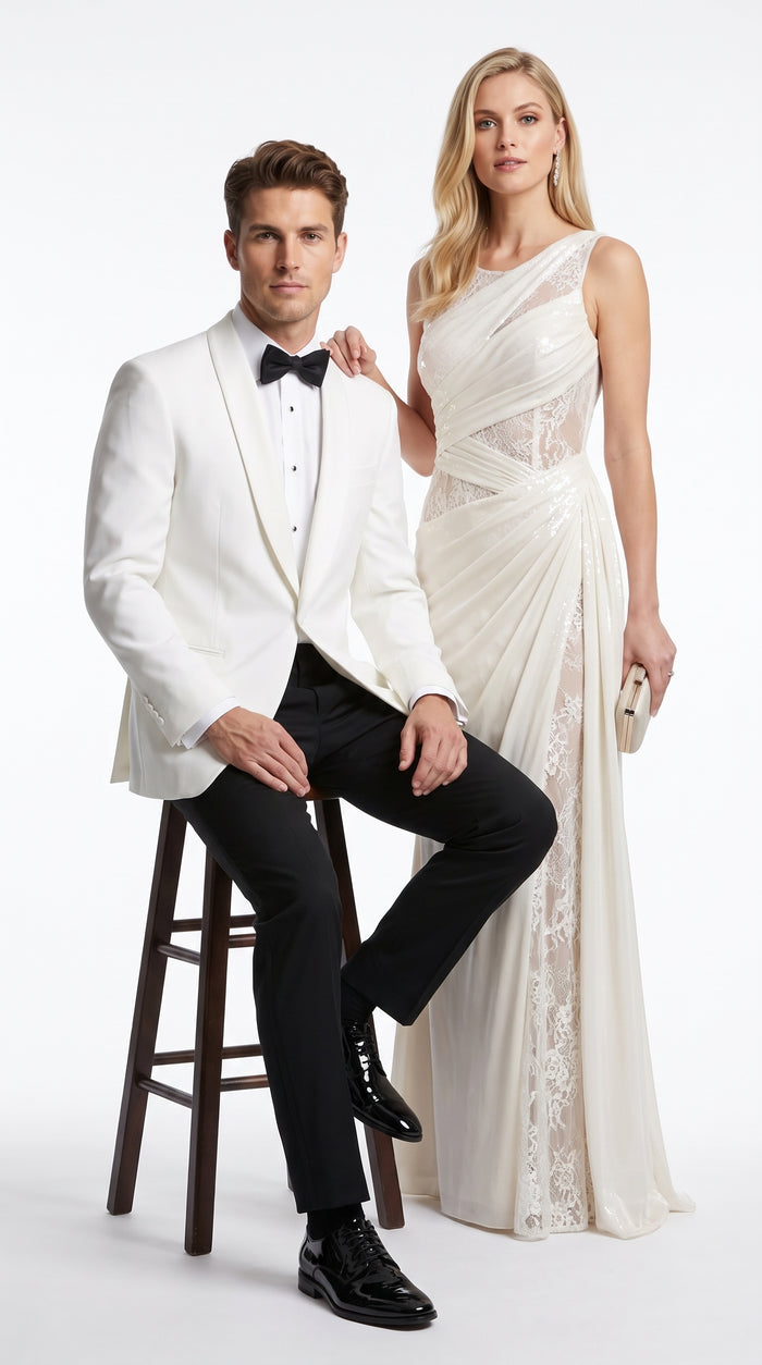 Men’s White Dinner Jacket, Snow White Single Button Tuxedo Blazer for Graduation Homecoming and Formal Events