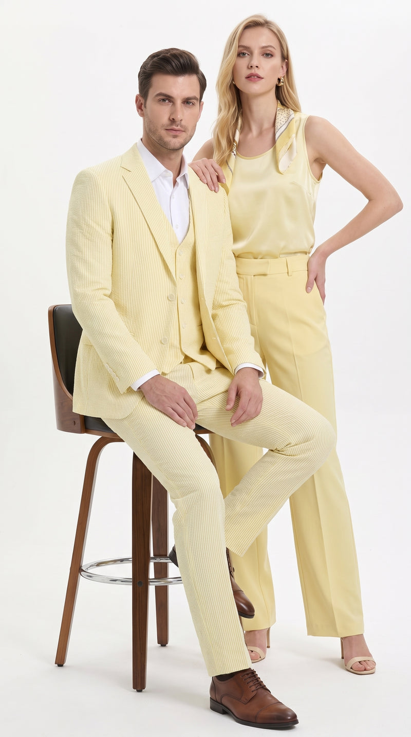Men’s Yellow Pinstripe Seersucker Suit – 3-Piece Summer Wedding Suit with Jacket, Vest & Pants
