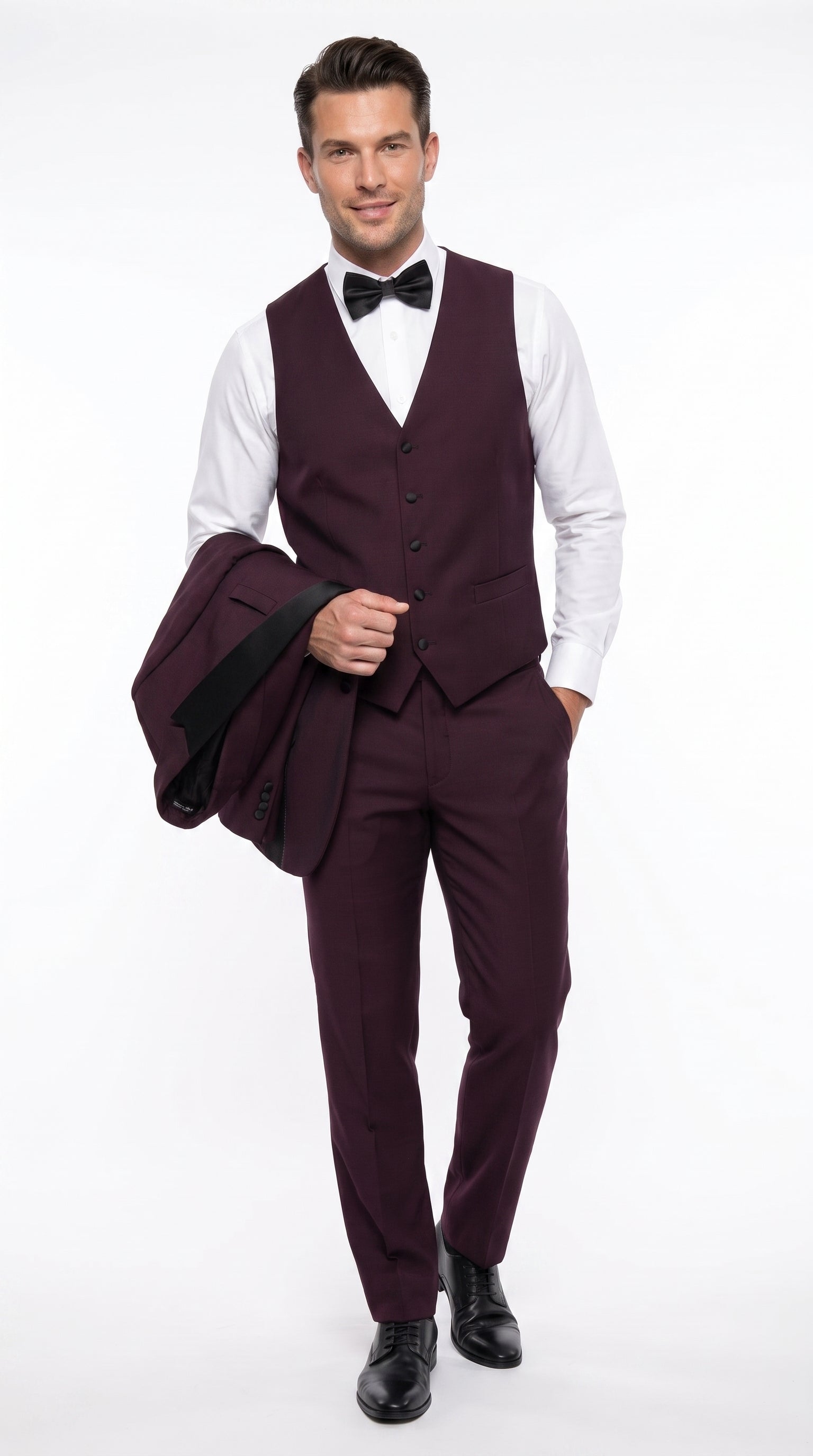 Alberto Men’s Burgundy 1 Button Peak Lapel Tuxedo, Formal Wedding Prom Dinner Suit