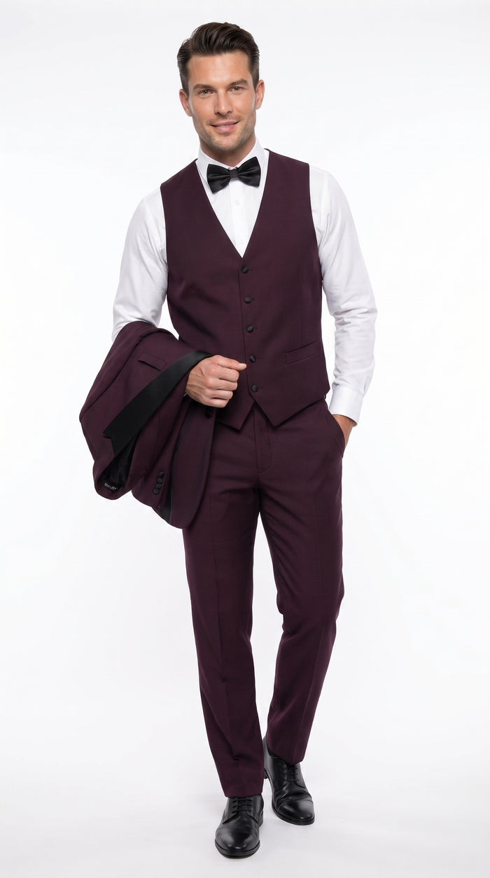 Alberto Men’s Burgundy 1 Button Peak Lapel Tuxedo, Formal Wedding Prom Dinner Suit