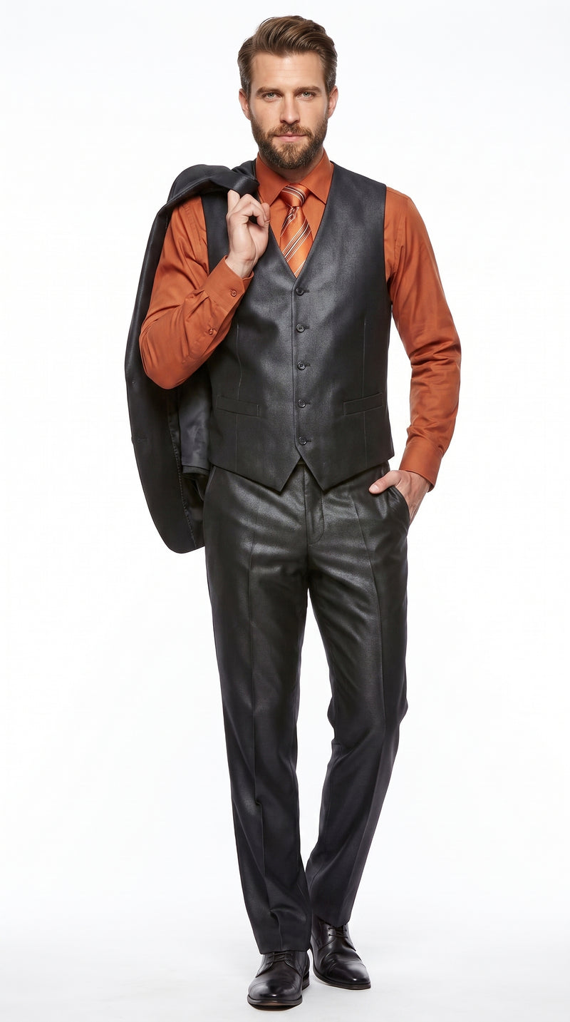 Men’s Black Sharkskin 3 Piece Suit, Metallic Satin Shiny Formal Wedding Business Dress Suit