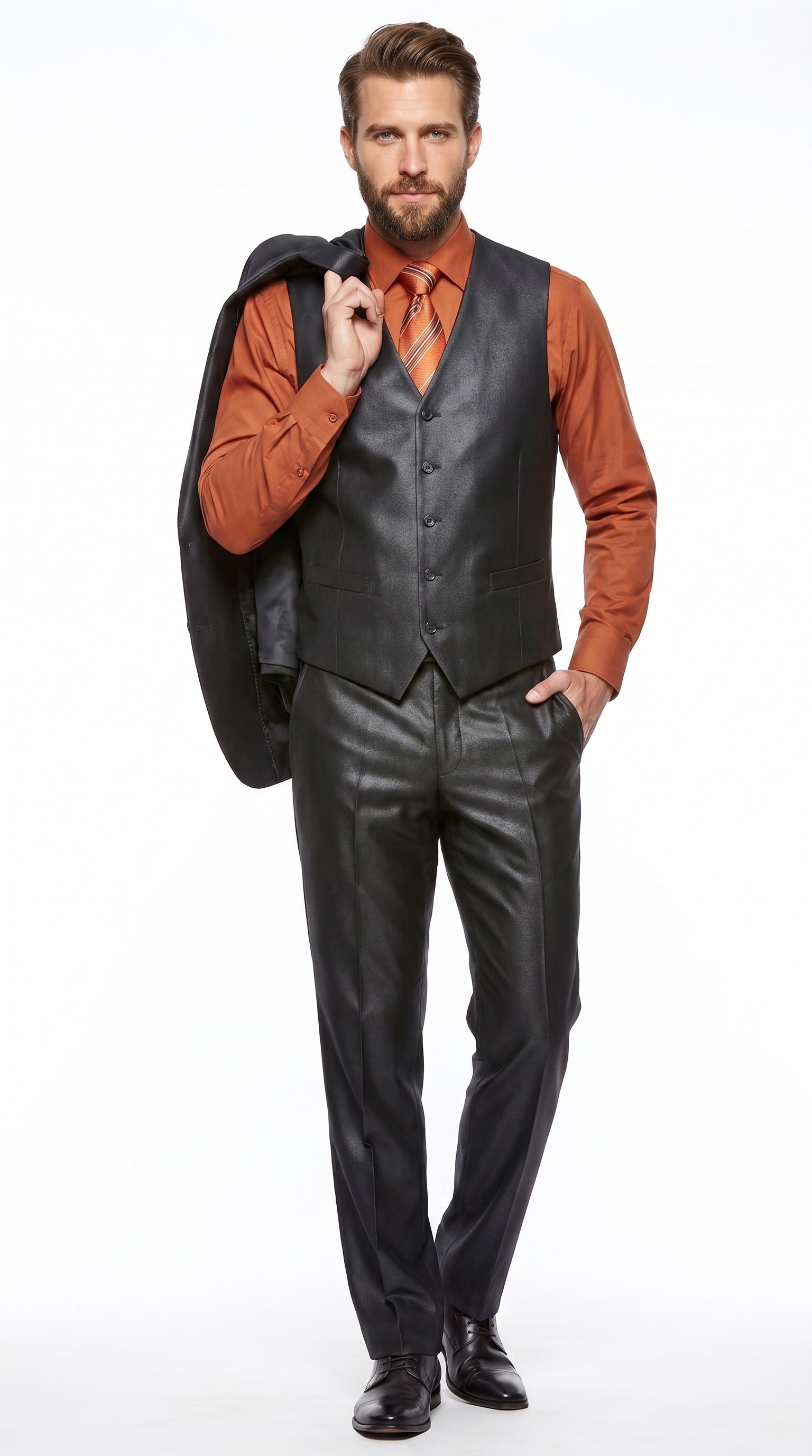 Men’s Black Sharkskin 3 Piece Suit, Metallic Satin Shiny Formal Wedding Business Dress Suit