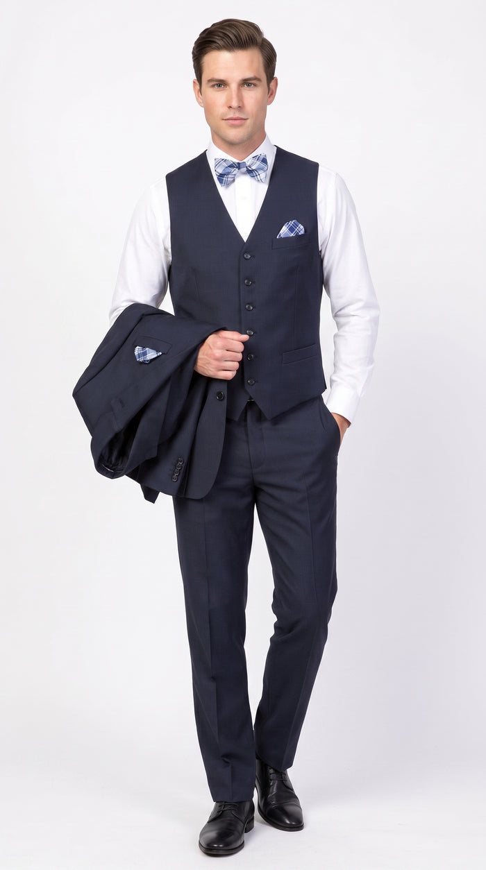 Men’s Big and Tall Navy 3 Piece Suit, Extra Long Modern Fit Formal Wedding Business Suit