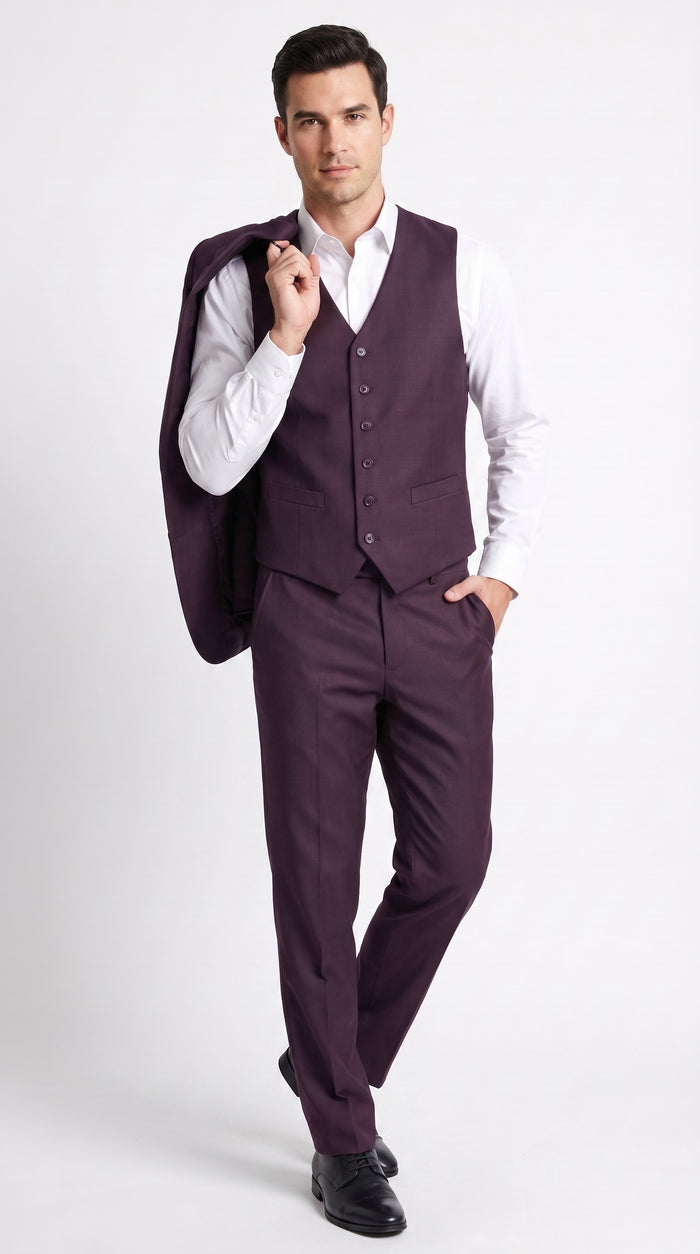 Men’s Plum Modern Fit Suit, Tailored Formal Wedding Business 3 Piece Dress Suit