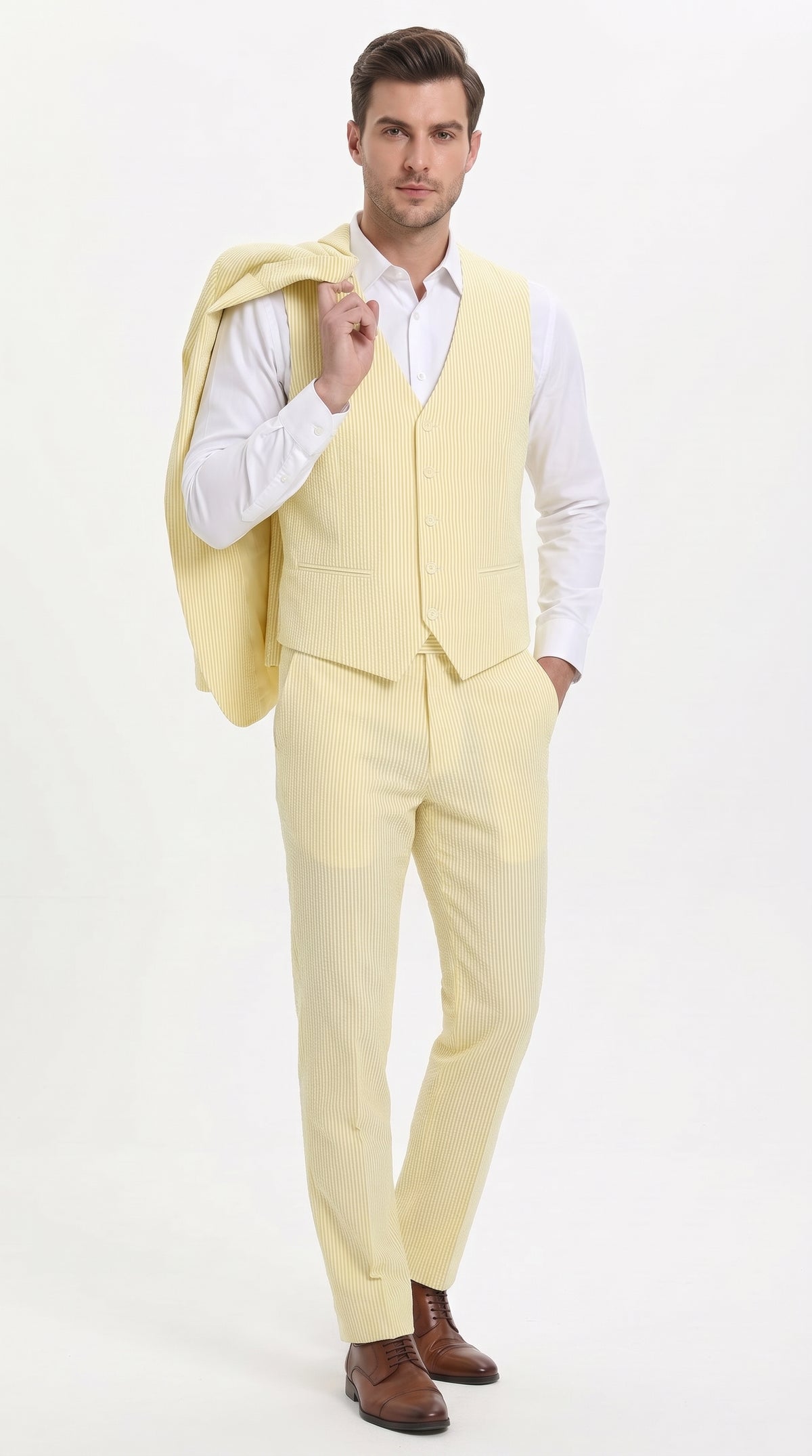 Men’s Yellow Pinstripe Seersucker Suit – 3-Piece Summer Wedding Suit with Jacket, Vest & Pants