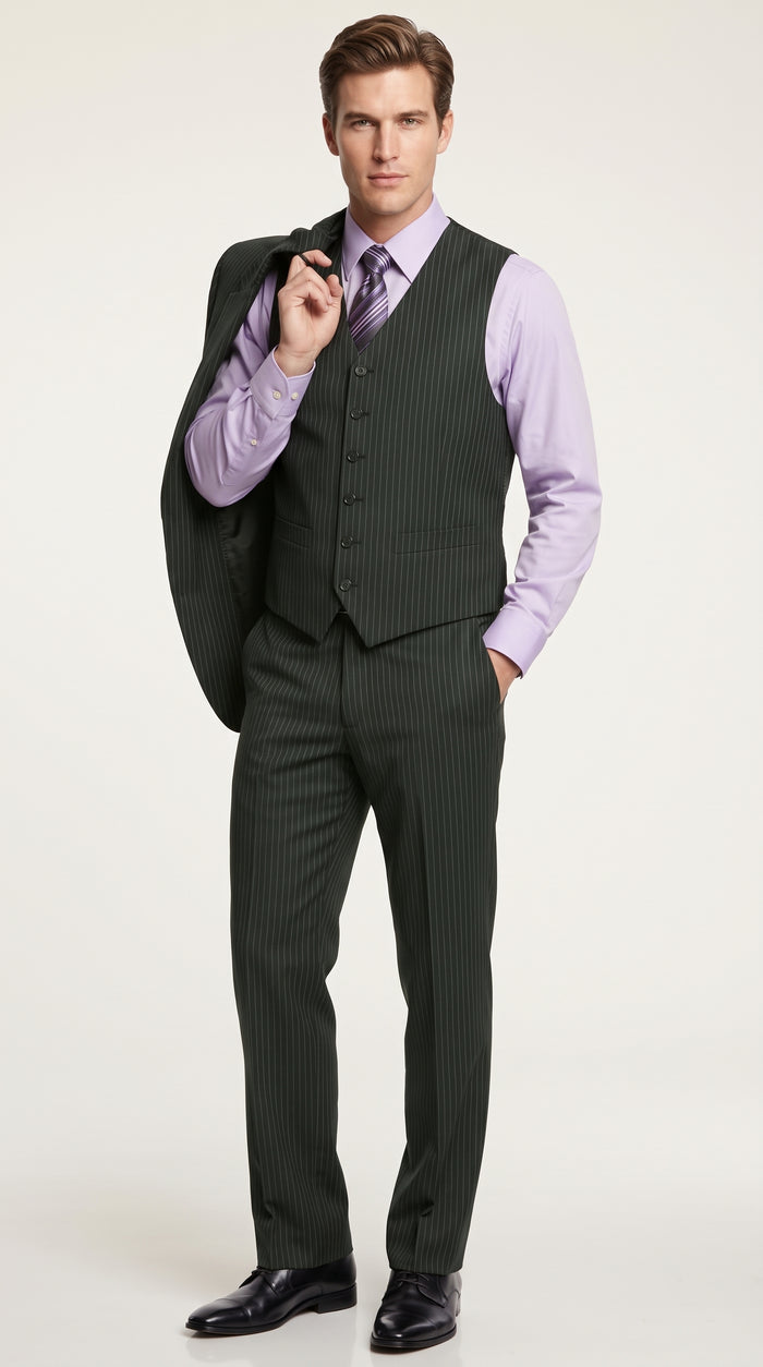 Men’s Black Pinstripe 3 Piece Suit, Vested 2 Button Formal Wedding Business Suit