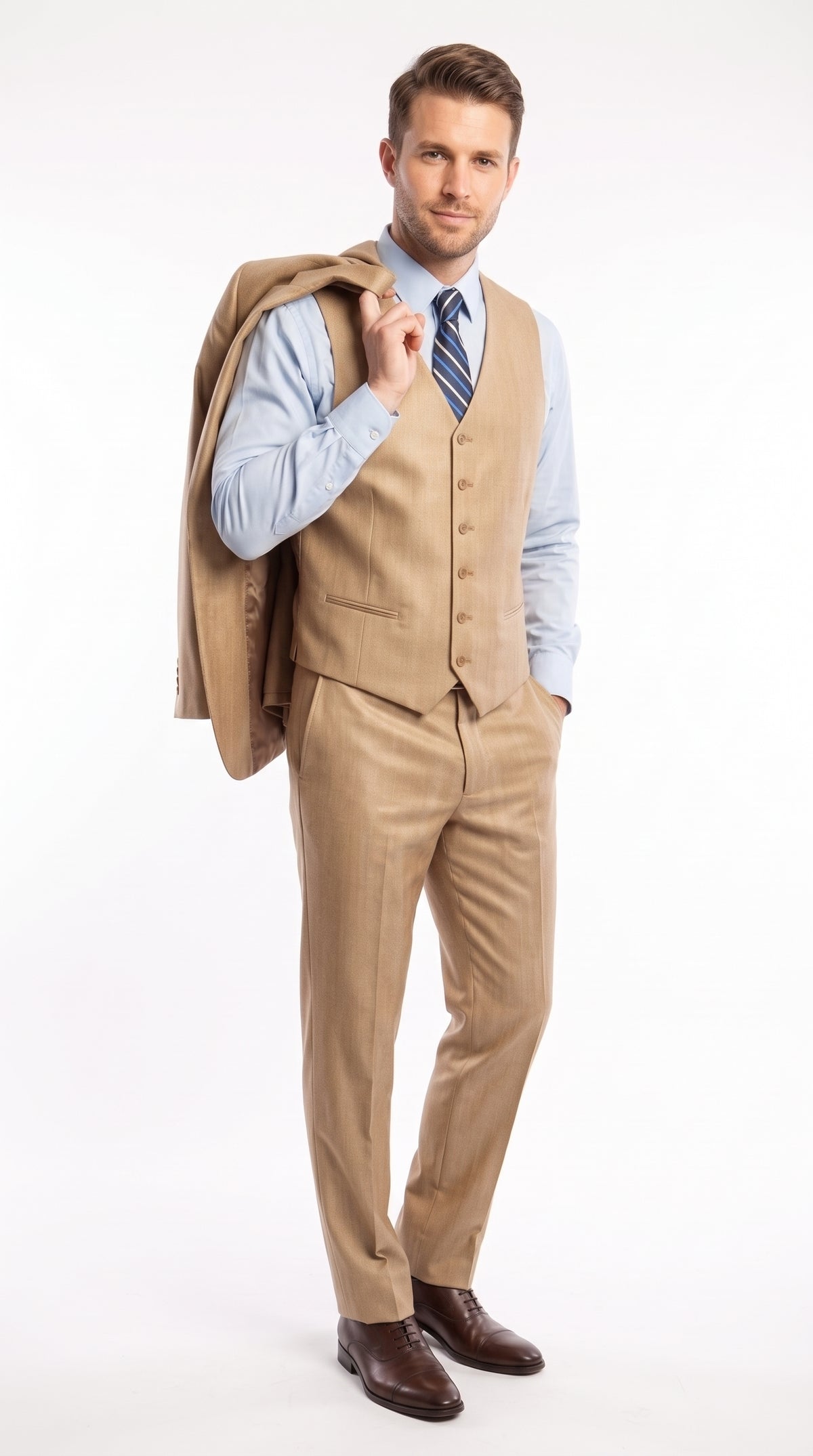 Men’s Camel Wheat Sharkskin 3 Piece Business Suit, Two Button Vested Formal Wedding Suit