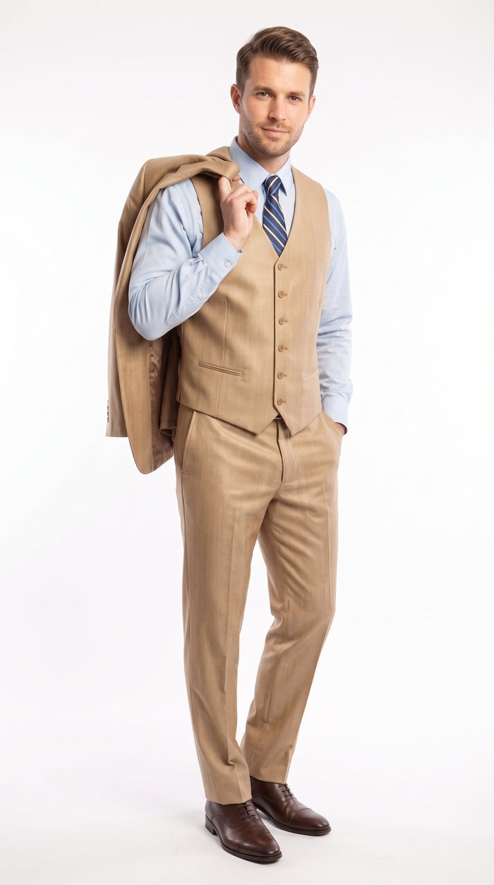 Men’s Camel Wheat Sharkskin 3 Piece Business Suit, Two Button Vested Formal Wedding Suit
