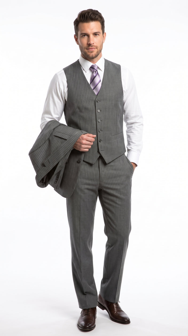 Men's Light Grey Pinstripe 3-Piece Vested Business Suit – Classic Two-Button Charcoal Gray Striped Formal Suit