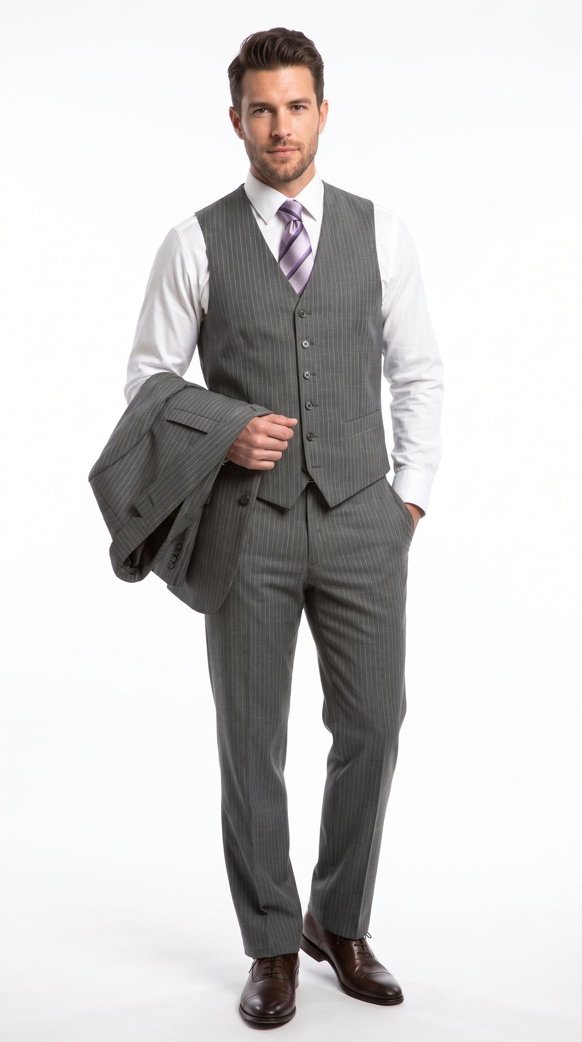 Men's Light Grey Pinstripe 3-Piece Vested Business Suit – Classic Two-Button Charcoal Gray Striped Formal Suit