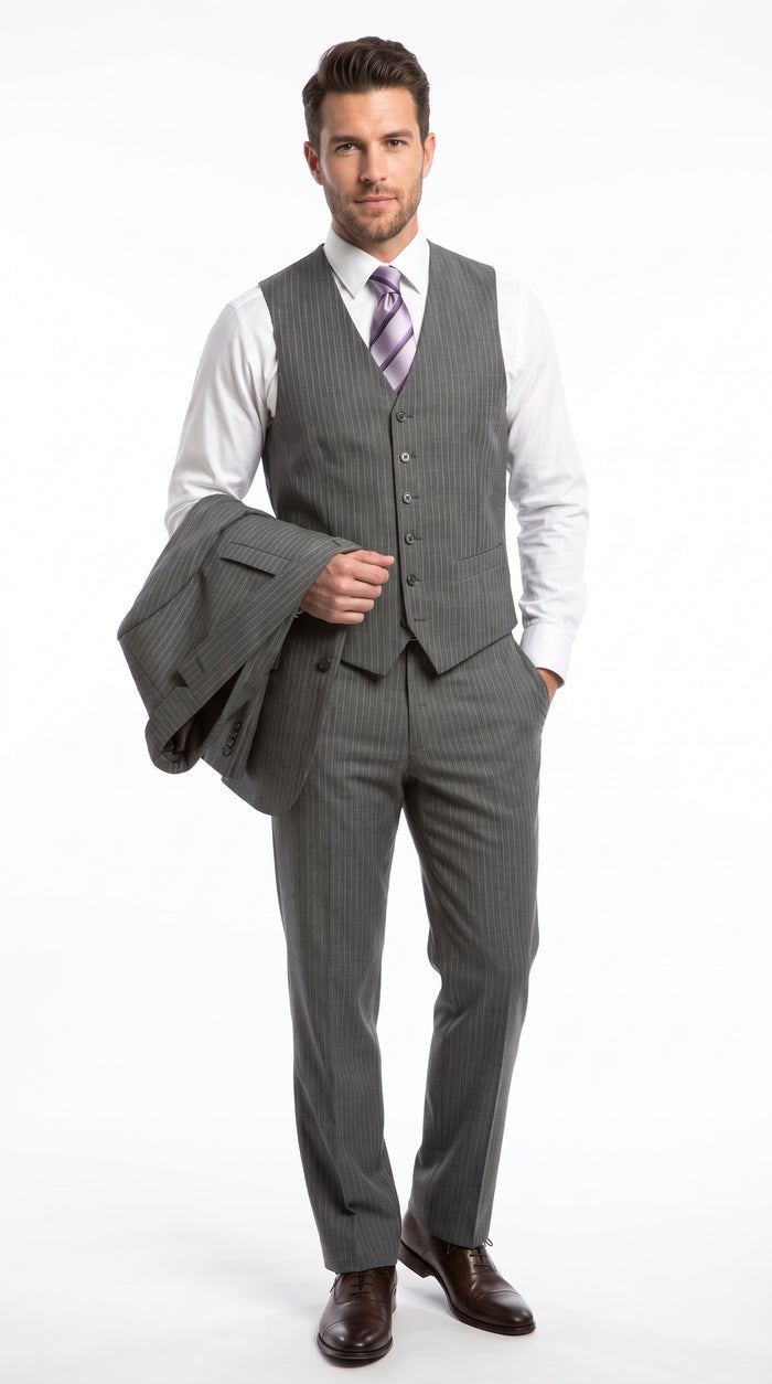 Men's Light Grey Pinstripe 3-Piece Vested Business Suit – Classic Two-Button Charcoal Gray Striped Formal Suit