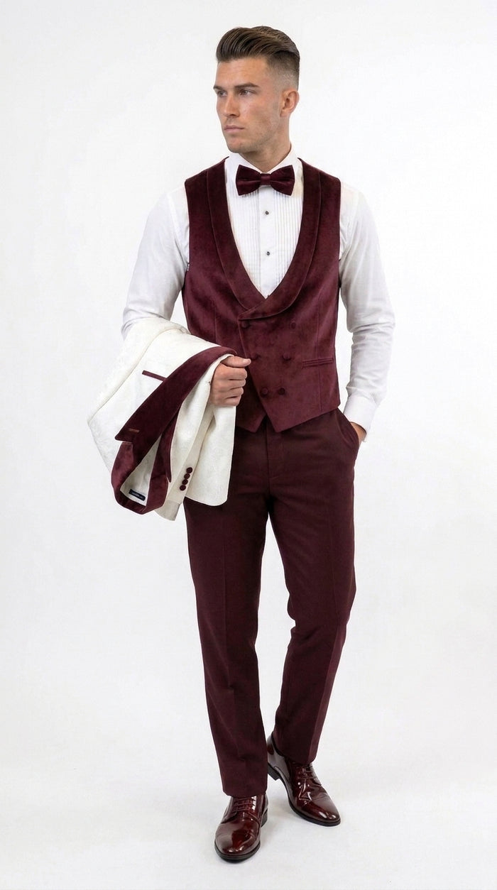 Men’s White and Burgundy Vested Tuxedo Suit, Formal Wedding Groom Prom Dinner Suit