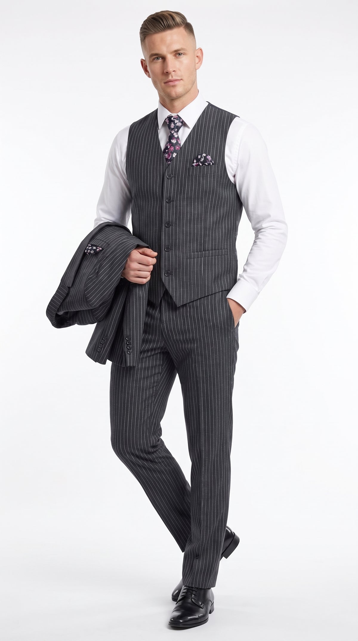 Men's Charcoal Grey Bold Pinstripe 3-Piece Gangster Suit – 2 Button Vested 1920s Vintage Classic Formal Suit