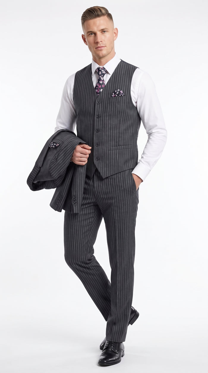 Men's Charcoal Grey Bold Pinstripe 3-Piece Gangster Suit – 2 Button Vested 1920s Vintage Classic Formal Suit