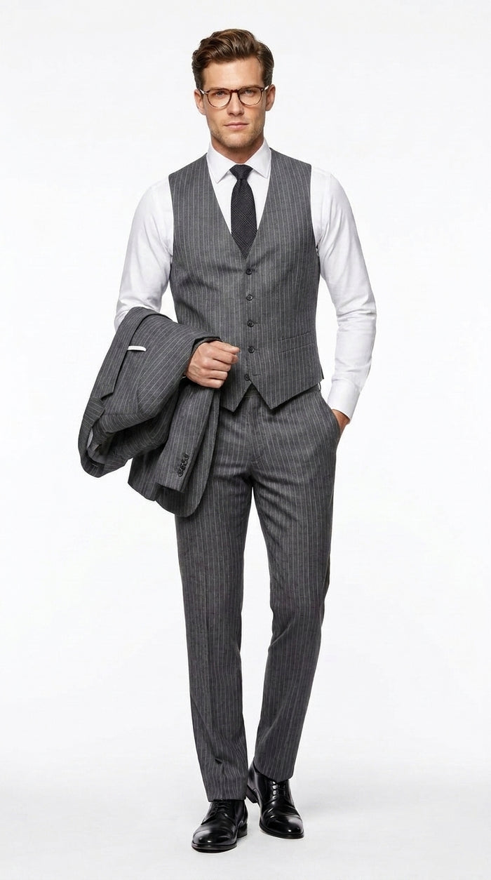 Men’s Charcoal Grey Pinstripe 2 Button Vested Wool Suit, Modern Fit Formal Business Dress Suit