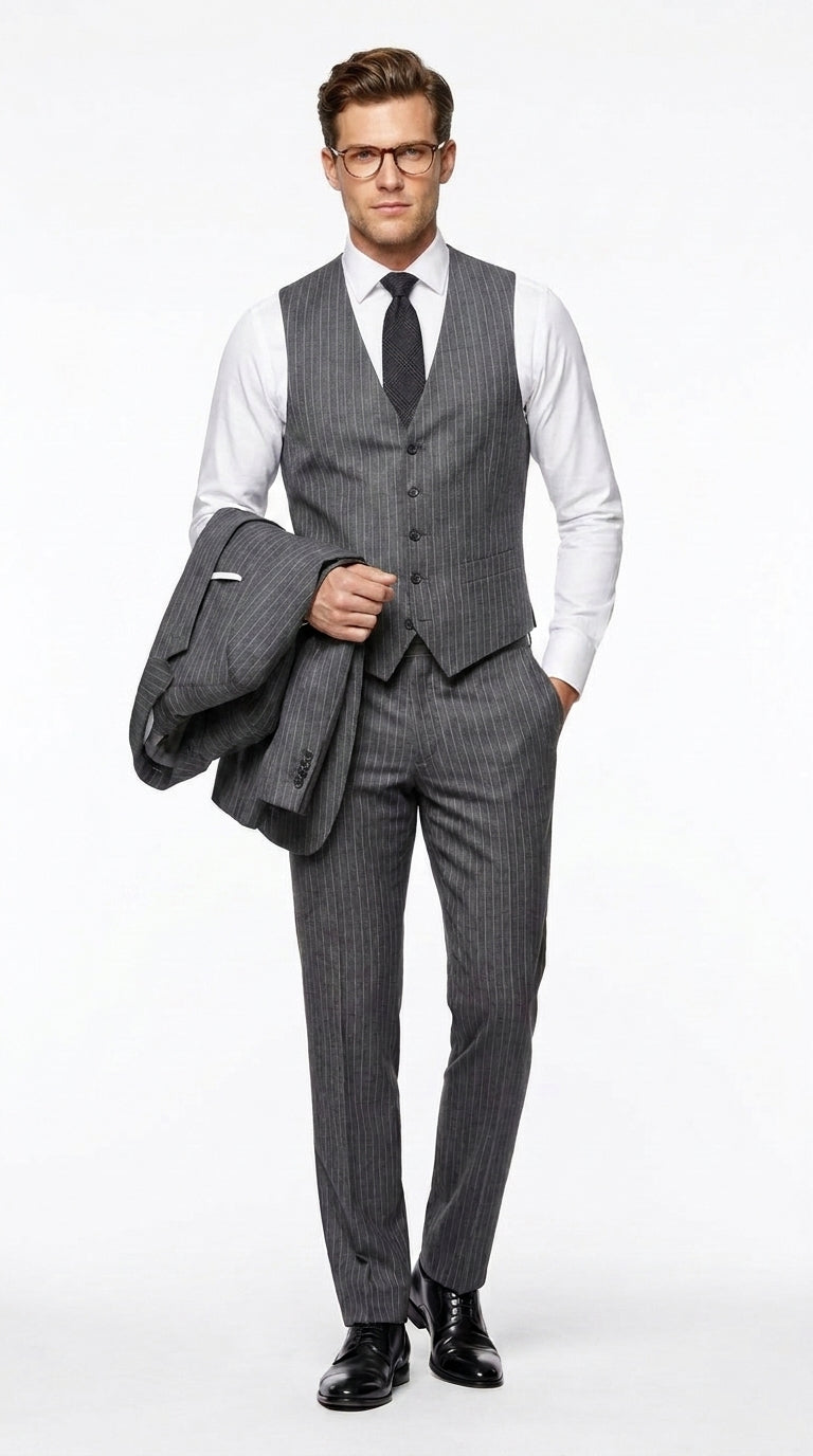 Men’s Charcoal Grey Pinstripe 2 Button Vested Wool Suit, Modern Fit Formal Business Dress Suit