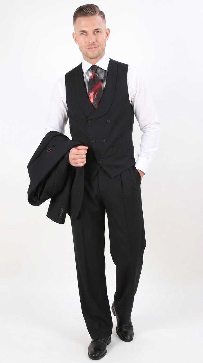 Men’s Black 100% Wool Super 150s Suit, Classic Fit Athletic Cut with Double Breasted Vest and Pleated Pants