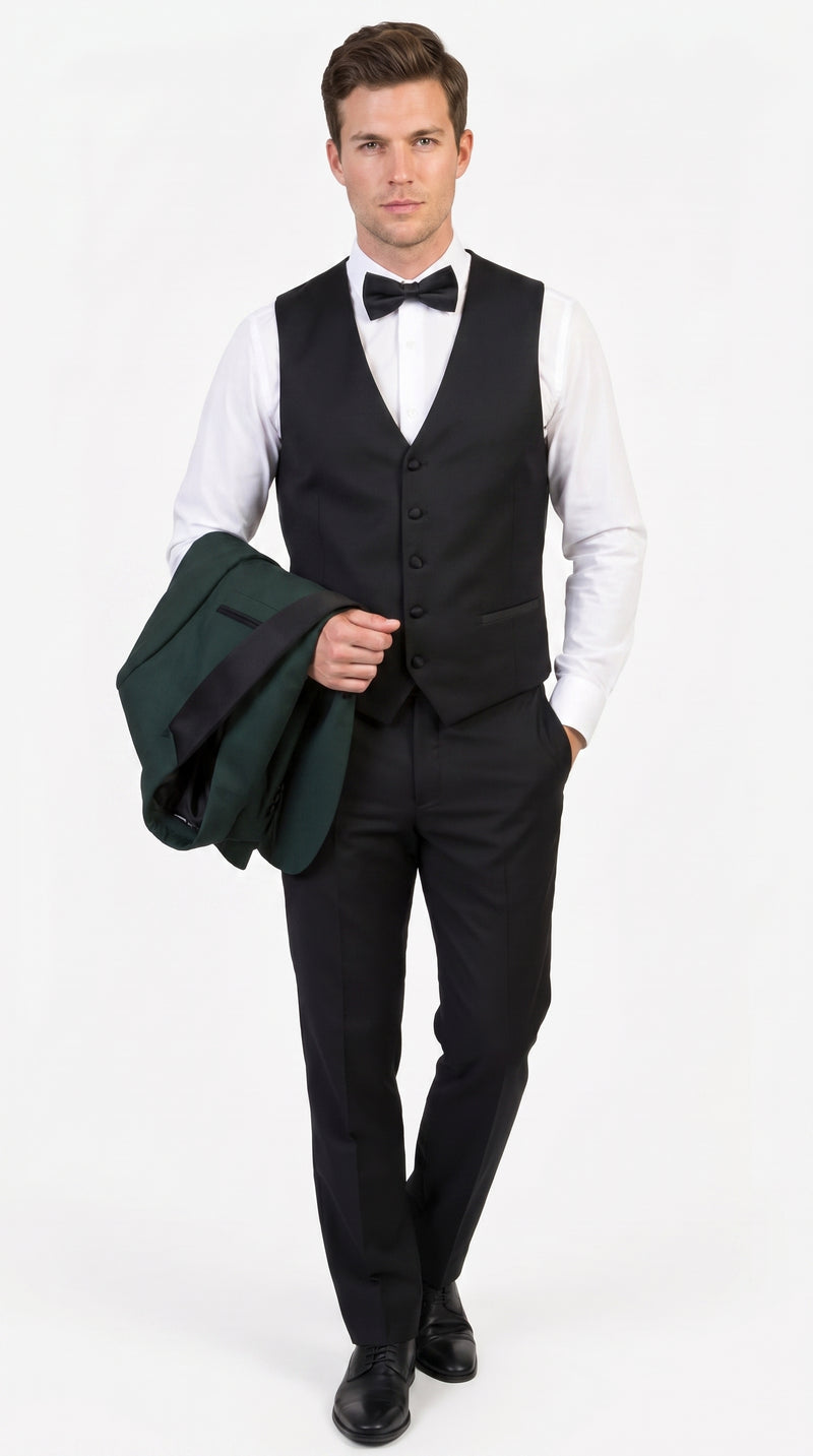 Men’s Hunter Green Tuxedo Suit with Black Pants and Vest, Wedding Prom Formal Tuxedo