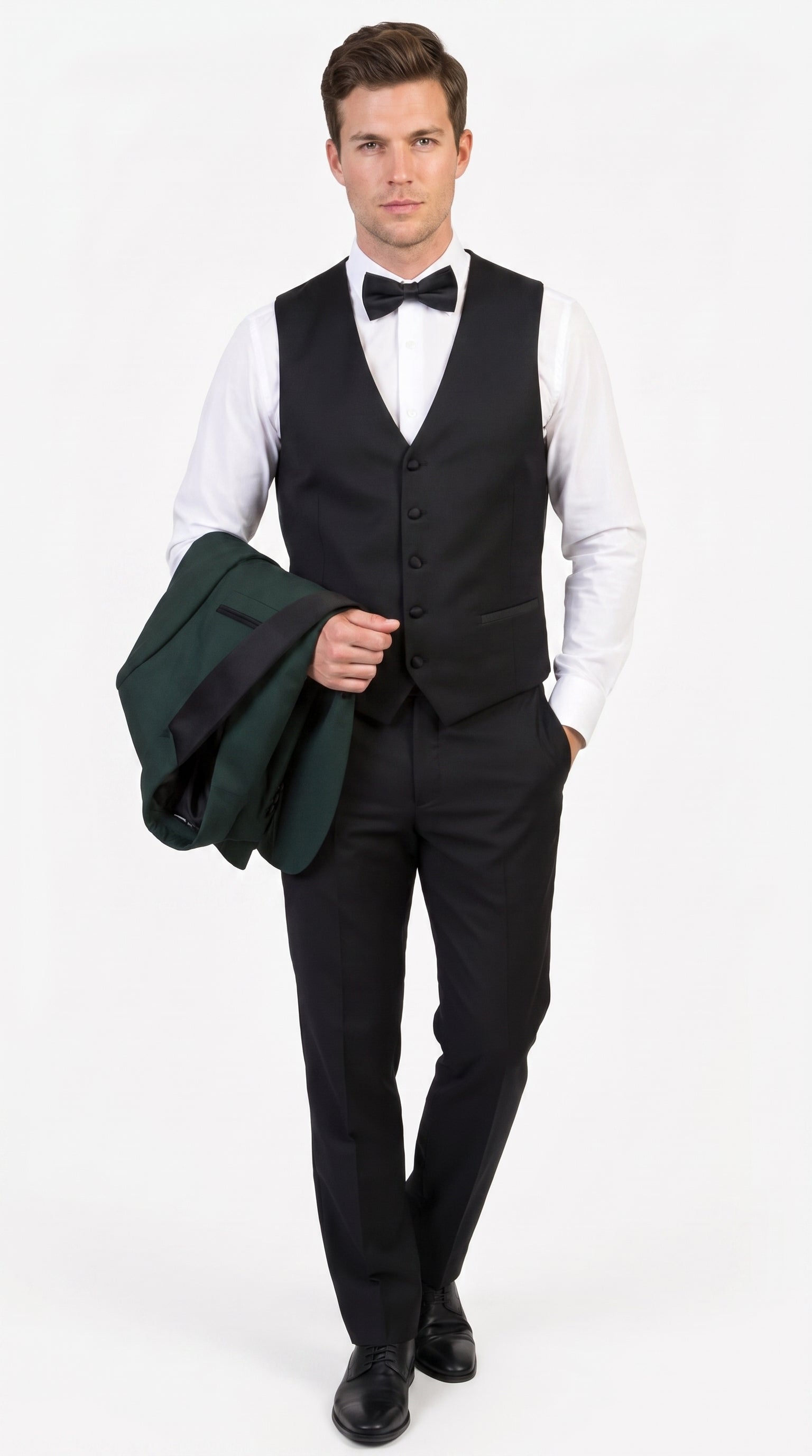 Men’s Hunter Green Tuxedo Suit with Black Pants and Vest, Wedding Prom Formal Tuxedo